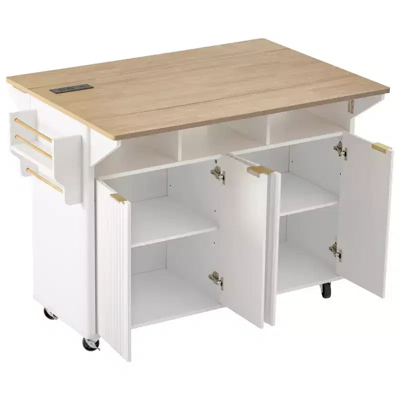 55.5W Fluted Kitchen Island with 2 Drop Leaves, Faux Marble Top Rolling Cart with Power Outlet, Storage & Spice Rack - ModernLuxe