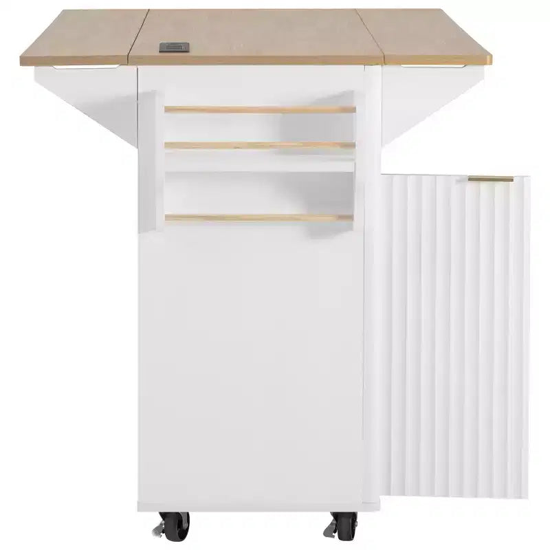 55.5W Fluted Kitchen Island with 2 Drop Leaves, Faux Marble Top Rolling Cart with Power Outlet, Storage & Spice Rack - ModernLuxe