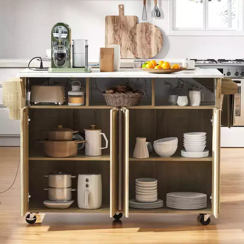 55.5W Fluted Kitchen Island with 2 Drop Leaves, Faux Marble Top Rolling Cart with Power Outlet, Storage & Spice Rack - ModernLuxe