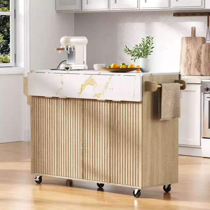 55.5W Fluted Kitchen Island with 2 Drop Leaves, Faux Marble Top Rolling Cart with Power Outlet, Storage & Spice Rack - ModernLuxe
