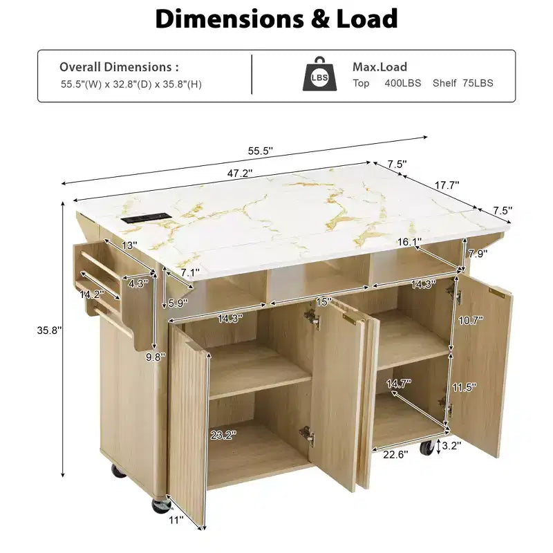 55.5W Fluted Kitchen Island with 2 Drop Leaves, Faux Marble Top Rolling Cart with Power Outlet, Storage & Spice Rack - ModernLuxe