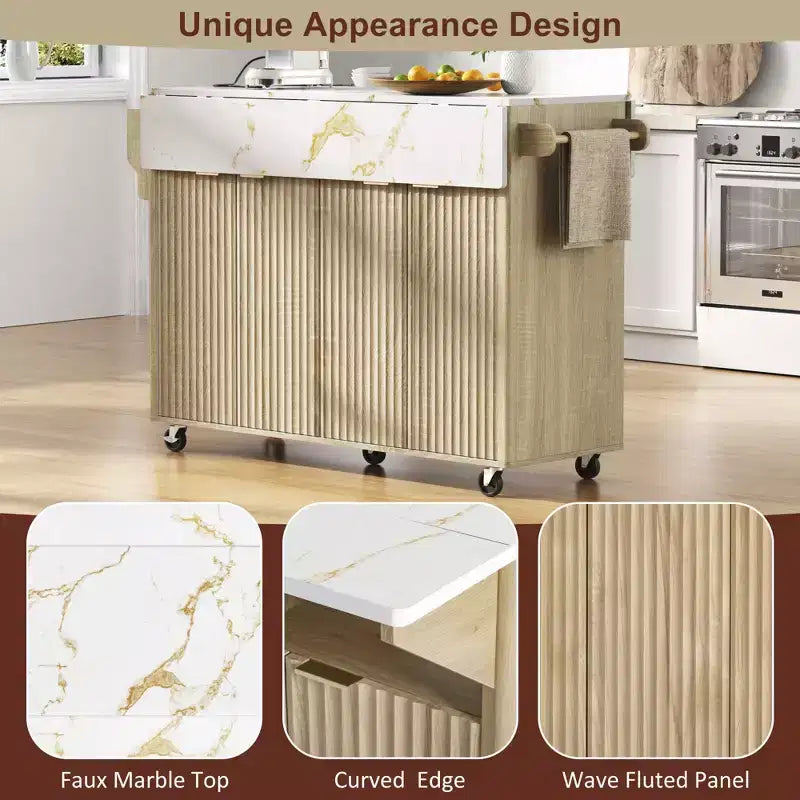 55.5W Fluted Kitchen Island with 2 Drop Leaves, Faux Marble Top Rolling Cart with Power Outlet, Storage & Spice Rack - ModernLuxe