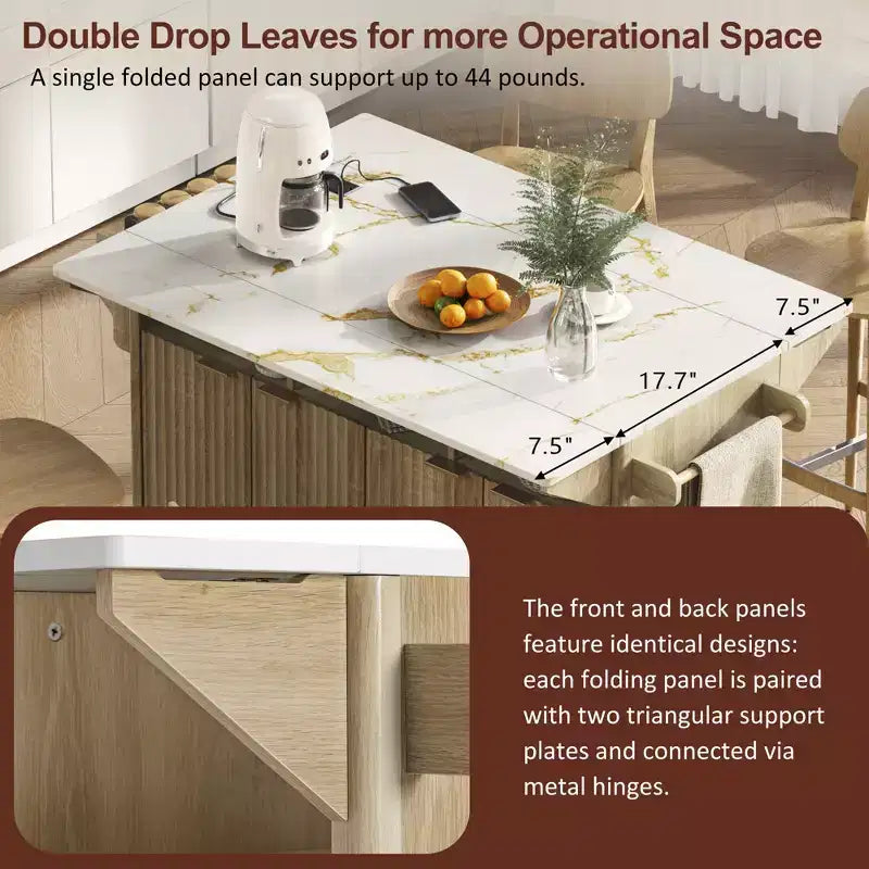55.5W Fluted Kitchen Island with 2 Drop Leaves, Faux Marble Top Rolling Cart with Power Outlet, Storage & Spice Rack - ModernLuxe