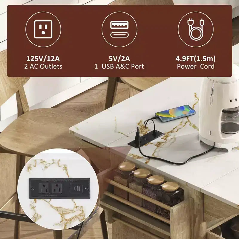 55.5W Fluted Kitchen Island with 2 Drop Leaves, Faux Marble Top Rolling Cart with Power Outlet, Storage & Spice Rack - ModernLuxe