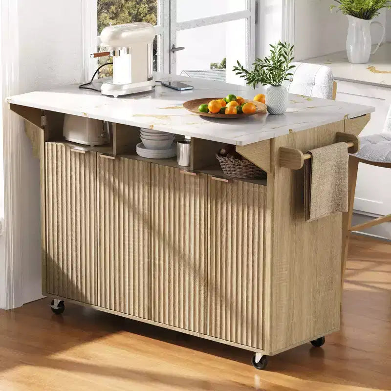 55.5W Fluted Kitchen Island with 2 Drop Leaves, Faux Marble Top Rolling Cart with Power Outlet, Storage & Spice Rack - ModernLuxe