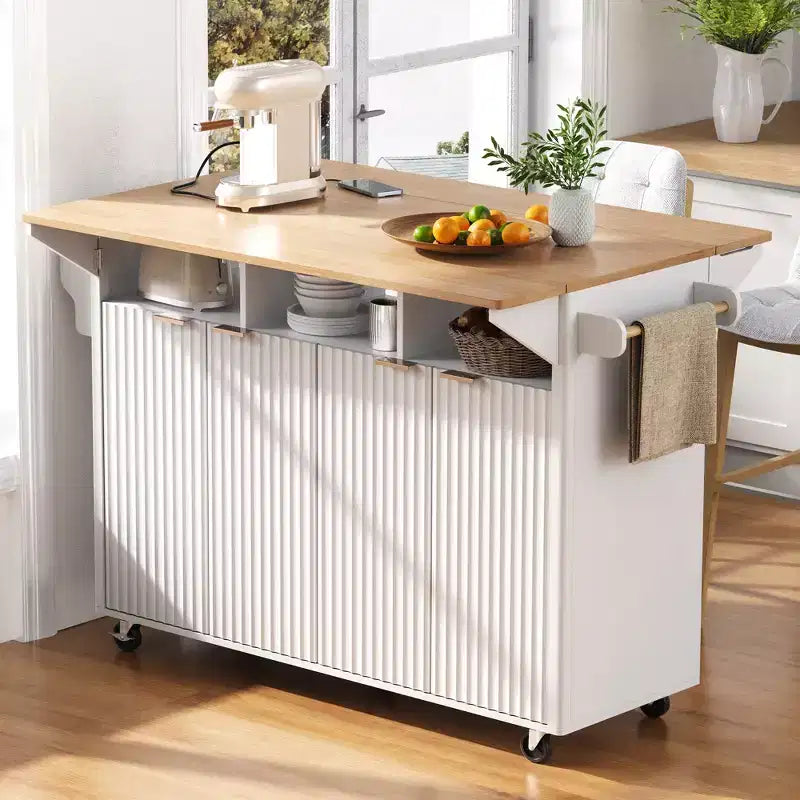 55.5W Fluted Kitchen Island with 2 Drop Leaves, Faux Marble Top Rolling Cart with Power Outlet, Storage & Spice Rack - ModernLuxe