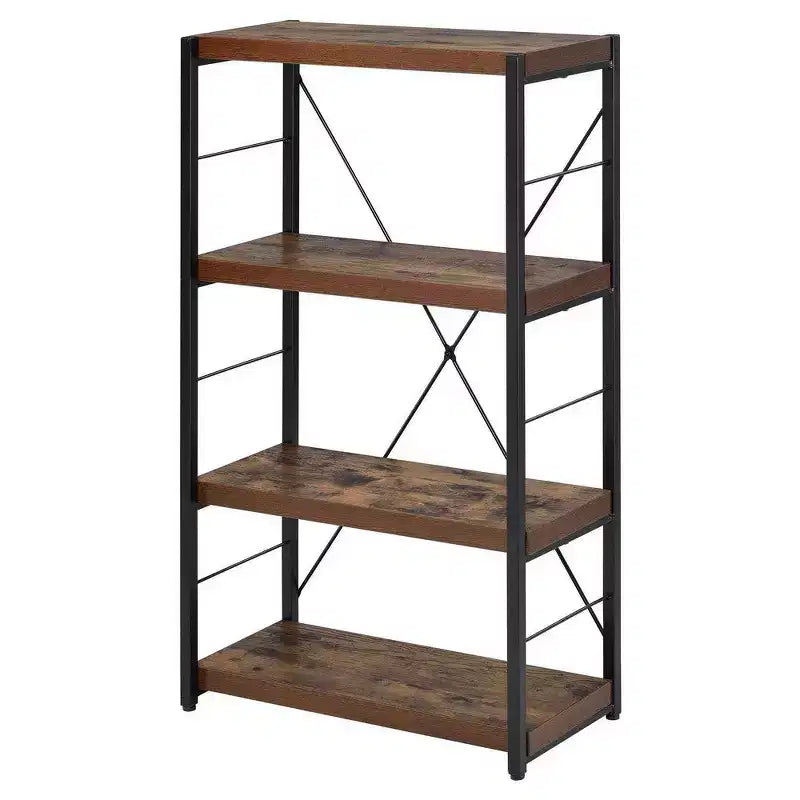 Royal Hampton 4 Tiered Metal Framed Wooden Bookshelf, Weathered Oak Brown and Black