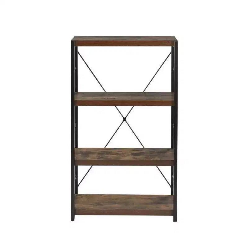 Royal Hampton 4 Tiered Metal Framed Wooden Bookshelf, Weathered Oak Brown and Black