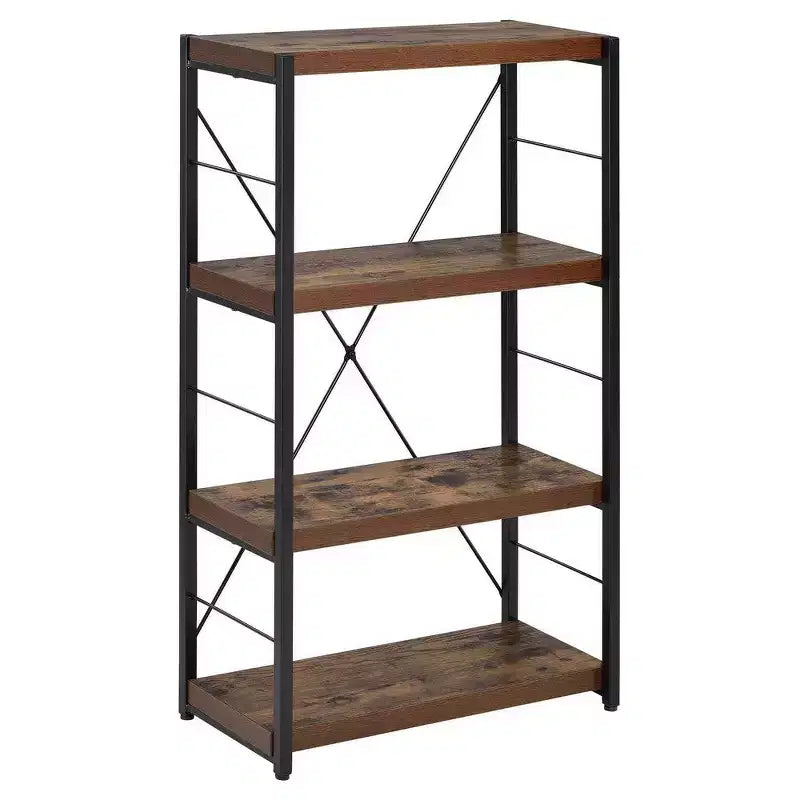 Royal Hampton 4 Tiered Metal Framed Wooden Bookshelf, Weathered Oak Brown and Black