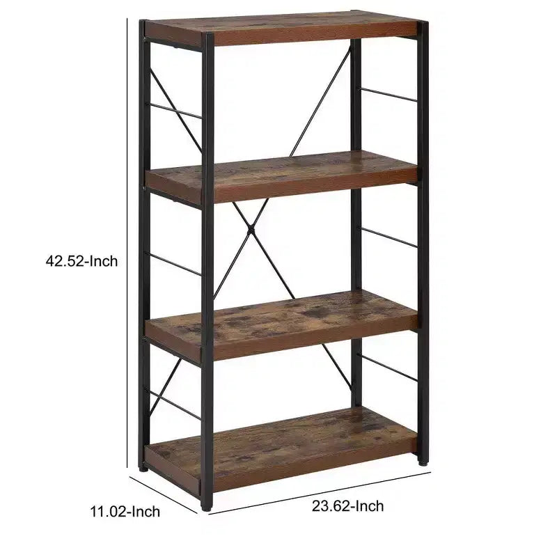 Royal Hampton 4 Tiered Metal Framed Wooden Bookshelf, Weathered Oak Brown and Black