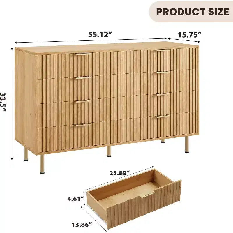 Modern Sideboard with Fluted 8 Deep Drawers & Metal Legs, Wooden Dresser Organizer, Side Table for Bedroom Living Room Hallway Kids Room