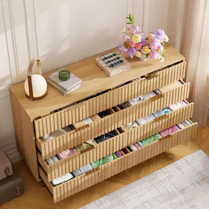 Modern Sideboard with Fluted 8 Deep Drawers & Metal Legs, Wooden Dresser Organizer, Side Table for Bedroom Living Room Hallway Kids Room