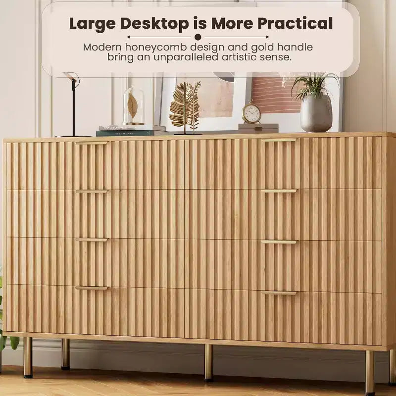 Modern Sideboard with Fluted 8 Deep Drawers & Metal Legs, Wooden Dresser Organizer, Side Table for Bedroom Living Room Hallway Kids Room