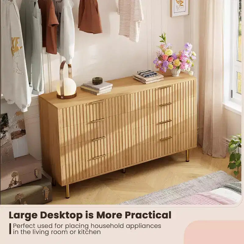 Modern Sideboard with Fluted 8 Deep Drawers & Metal Legs, Wooden Dresser Organizer, Side Table for Bedroom Living Room Hallway Kids Room