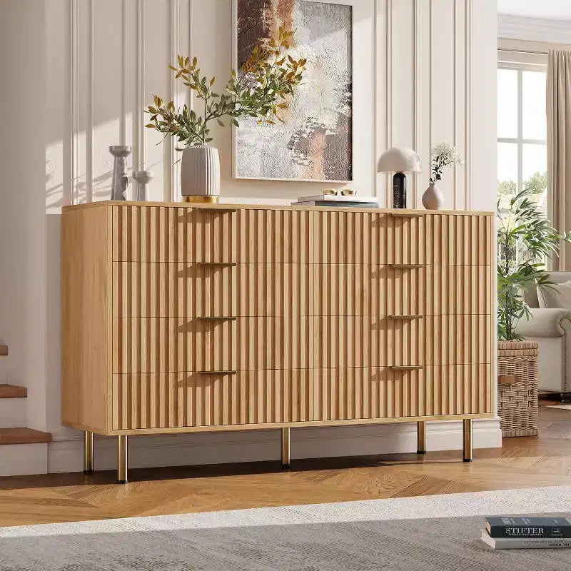 Modern Sideboard with Fluted 8 Deep Drawers & Metal Legs, Wooden Dresser Organizer, Side Table for Bedroom Living Room Hallway Kids Room