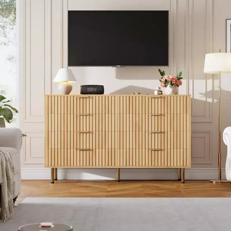 Modern Sideboard with Fluted 8 Deep Drawers & Metal Legs, Wooden Dresser Organizer, Side Table for Bedroom Living Room Hallway Kids Room