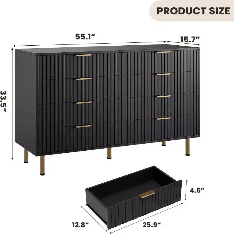 Modern Sideboard with Fluted 8 Deep Drawers & Metal Legs, Wooden Dresser Organizer, Side Table for Bedroom Living Room Hallway Kids Room