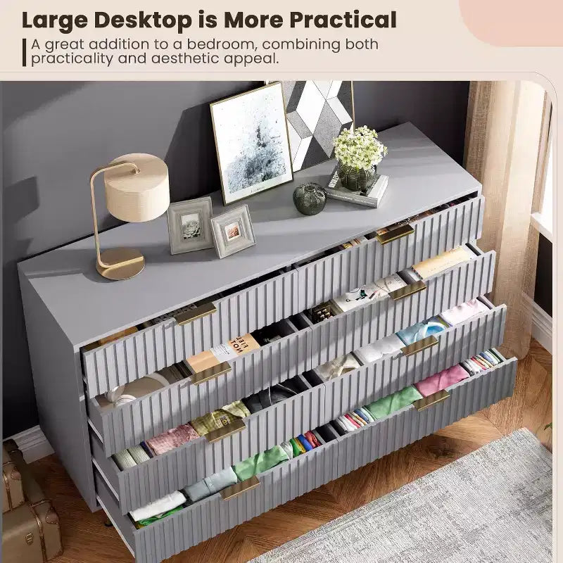 Modern Sideboard with Fluted 8 Deep Drawers & Metal Legs, Wooden Dresser Organizer, Side Table for Bedroom Living Room Hallway Kids Room