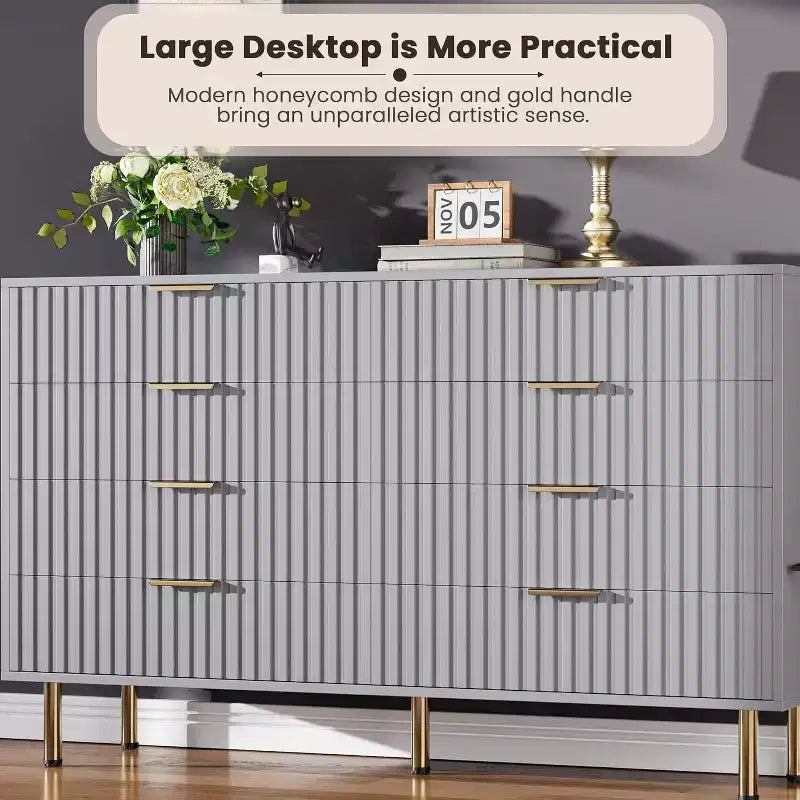 Modern Sideboard with Fluted 8 Deep Drawers & Metal Legs, Wooden Dresser Organizer, Side Table for Bedroom Living Room Hallway Kids Room