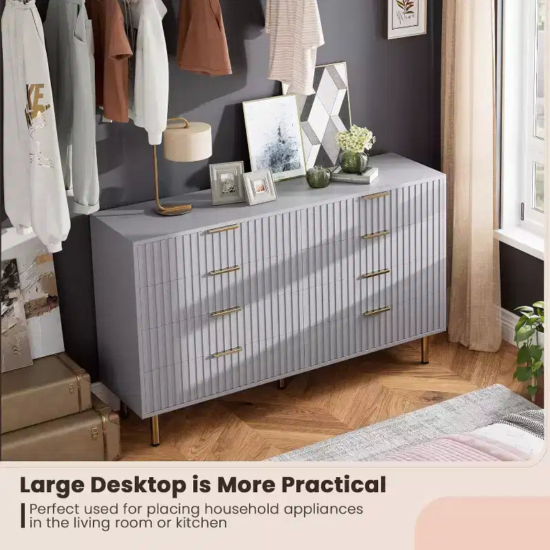 Modern Sideboard with Fluted 8 Deep Drawers & Metal Legs, Wooden Dresser Organizer, Side Table for Bedroom Living Room Hallway Kids Room