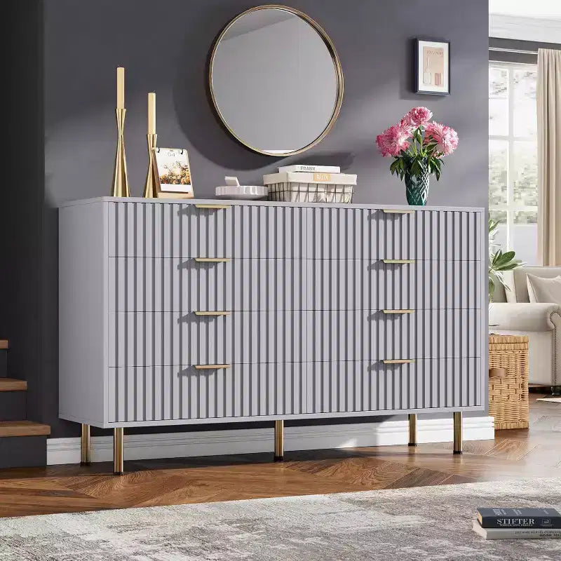 Modern Sideboard with Fluted 8 Deep Drawers & Metal Legs, Wooden Dresser Organizer, Side Table for Bedroom Living Room Hallway Kids Room