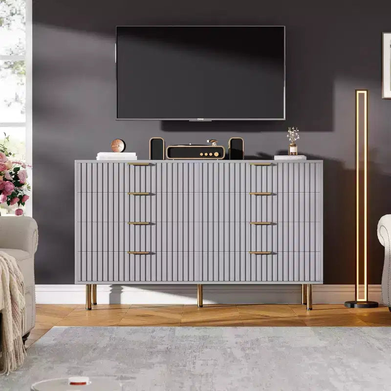 Modern Sideboard with Fluted 8 Deep Drawers & Metal Legs, Wooden Dresser Organizer, Side Table for Bedroom Living Room Hallway Kids Room