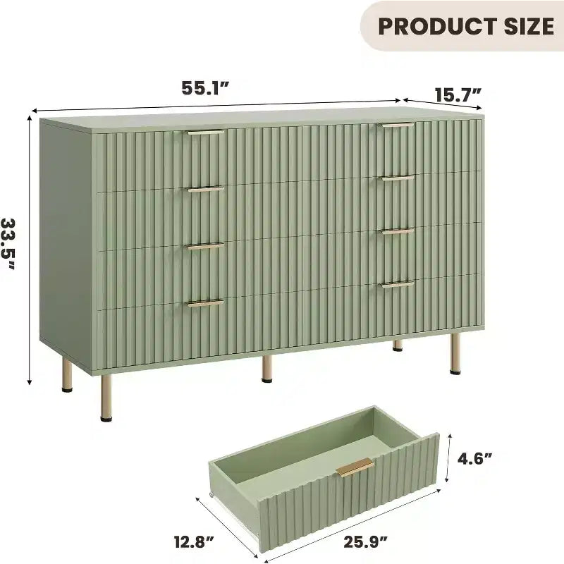 Modern Sideboard with Fluted 8 Deep Drawers & Metal Legs, Wooden Dresser Organizer, Side Table for Bedroom Living Room Hallway Kids Room