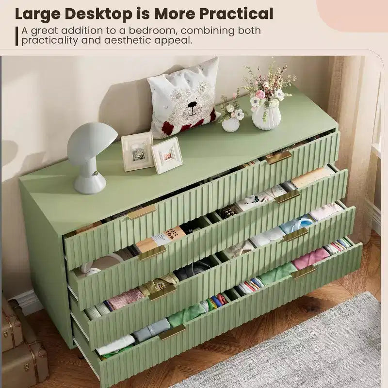 Modern Sideboard with Fluted 8 Deep Drawers & Metal Legs, Wooden Dresser Organizer, Side Table for Bedroom Living Room Hallway Kids Room