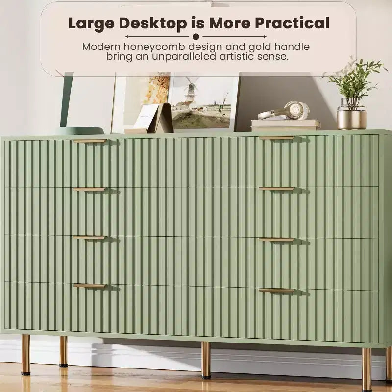 Modern Sideboard with Fluted 8 Deep Drawers & Metal Legs, Wooden Dresser Organizer, Side Table for Bedroom Living Room Hallway Kids Room