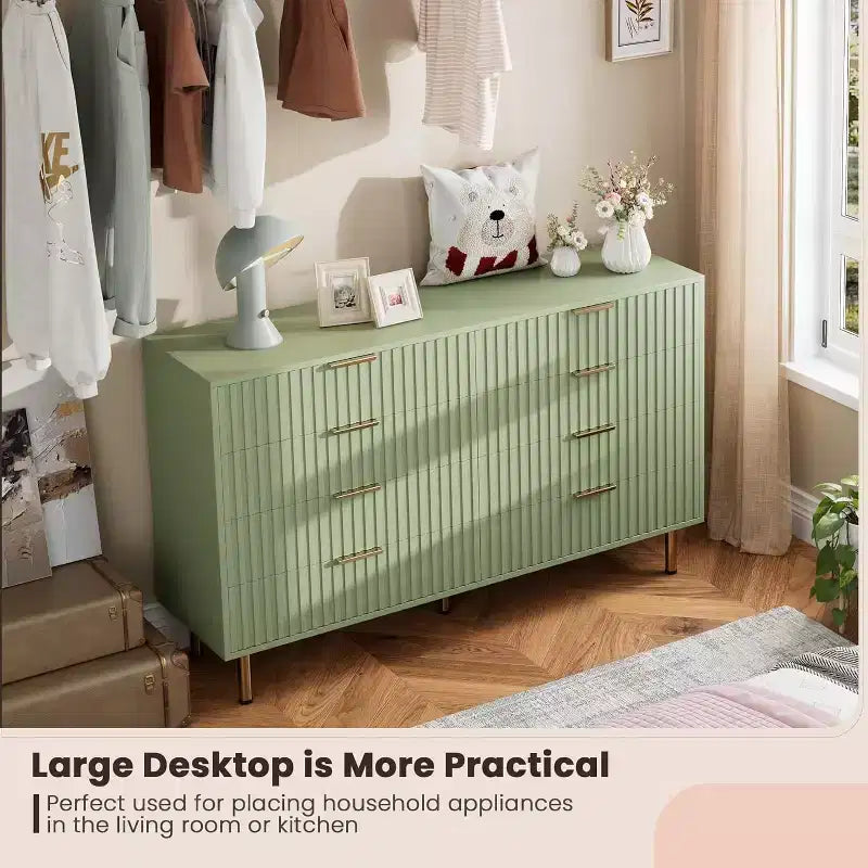 Modern Sideboard with Fluted 8 Deep Drawers & Metal Legs, Wooden Dresser Organizer, Side Table for Bedroom Living Room Hallway Kids Room