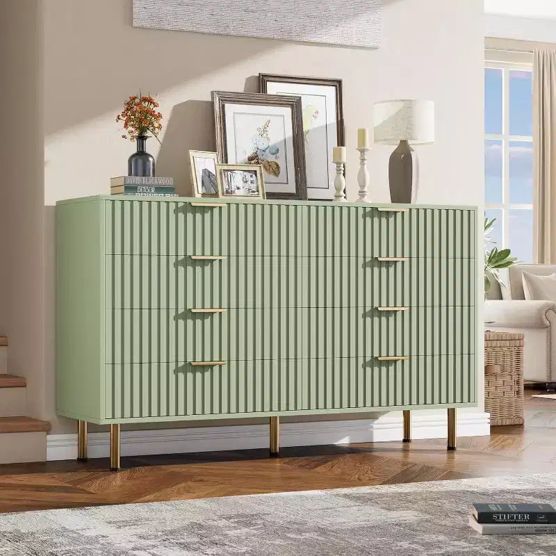 Modern Sideboard with Fluted 8 Deep Drawers & Metal Legs, Wooden Dresser Organizer, Side Table for Bedroom Living Room Hallway Kids Room