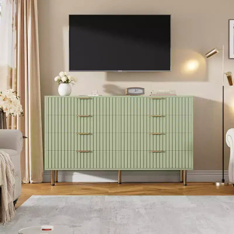 Modern Sideboard with Fluted 8 Deep Drawers & Metal Legs, Wooden Dresser Organizer, Side Table for Bedroom Living Room Hallway Kids Room
