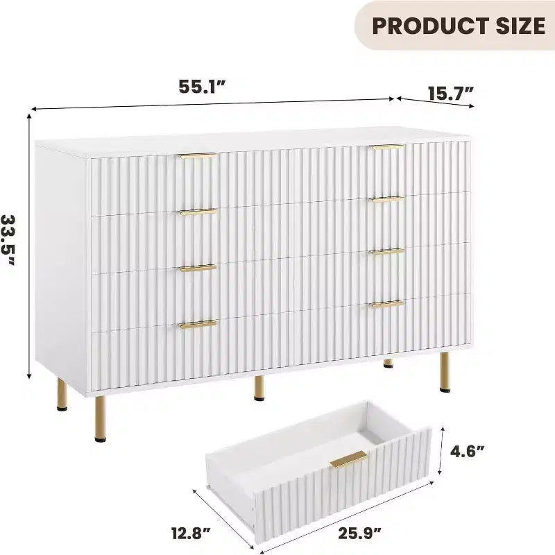 Modern Sideboard with Fluted 8 Deep Drawers & Metal Legs, Wooden Dresser Organizer, Side Table for Bedroom Living Room Hallway Kids Room