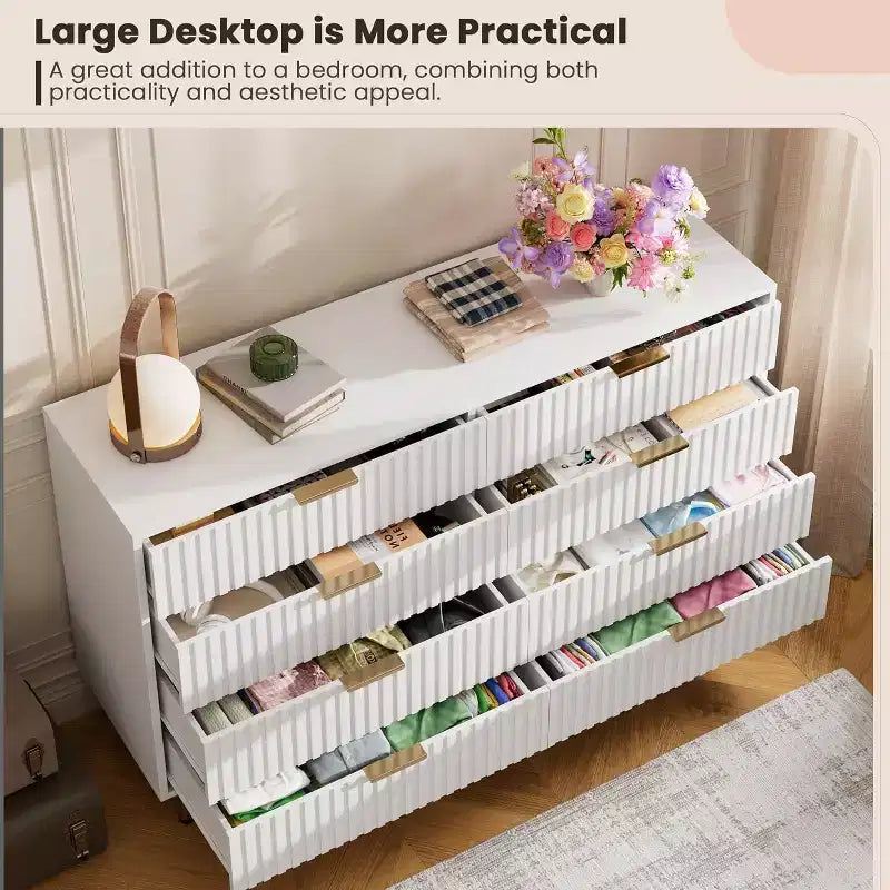 Modern Sideboard with Fluted 8 Deep Drawers & Metal Legs, Wooden Dresser Organizer, Side Table for Bedroom Living Room Hallway Kids Room