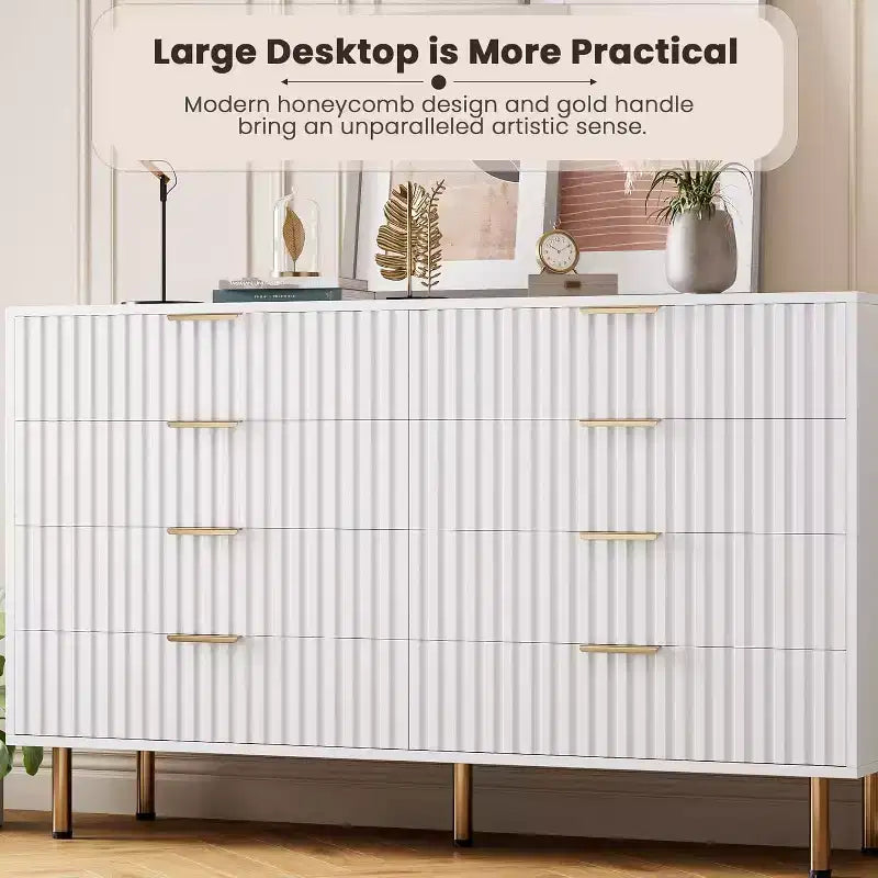 Modern Sideboard with Fluted 8 Deep Drawers & Metal Legs, Wooden Dresser Organizer, Side Table for Bedroom Living Room Hallway Kids Room