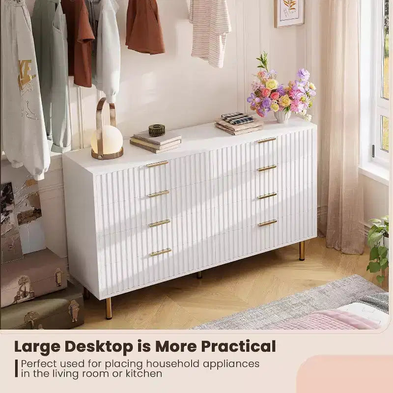 Modern Sideboard with Fluted 8 Deep Drawers & Metal Legs, Wooden Dresser Organizer, Side Table for Bedroom Living Room Hallway Kids Room