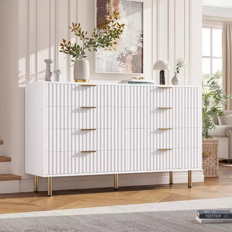 Modern Sideboard with Fluted 8 Deep Drawers & Metal Legs, Wooden Dresser Organizer, Side Table for Bedroom Living Room Hallway Kids Room