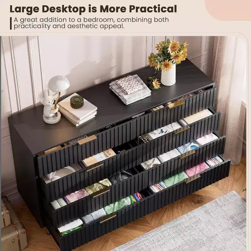 Modern Sideboard with Fluted 8 Deep Drawers & Metal Legs, Wooden Dresser Organizer, Side Table for Bedroom Living Room Hallway Kids Room