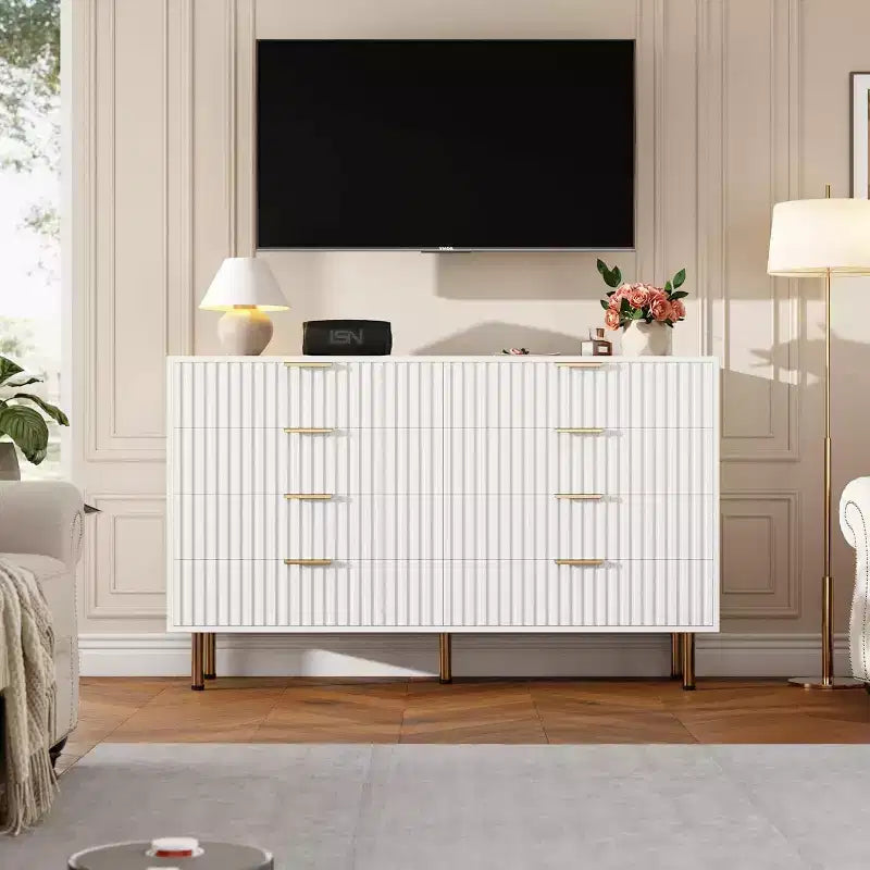 Modern Sideboard with Fluted 8 Deep Drawers & Metal Legs, Wooden Dresser Organizer, Side Table for Bedroom Living Room Hallway Kids Room