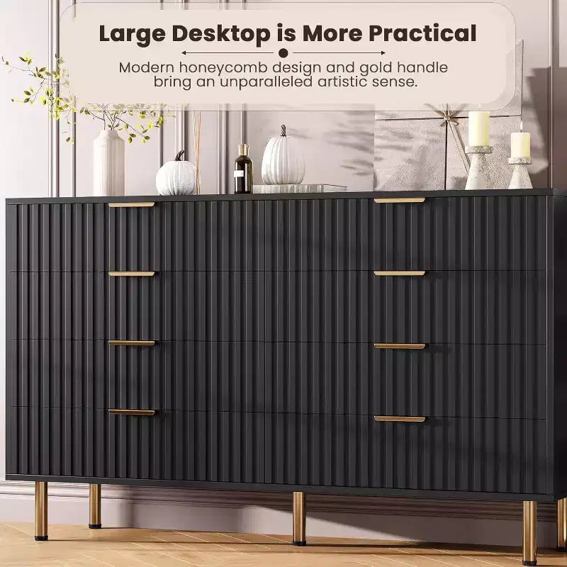 Modern Sideboard with Fluted 8 Deep Drawers & Metal Legs, Wooden Dresser Organizer, Side Table for Bedroom Living Room Hallway Kids Room