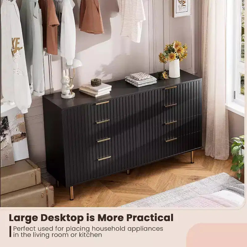 Modern Sideboard with Fluted 8 Deep Drawers & Metal Legs, Wooden Dresser Organizer, Side Table for Bedroom Living Room Hallway Kids Room