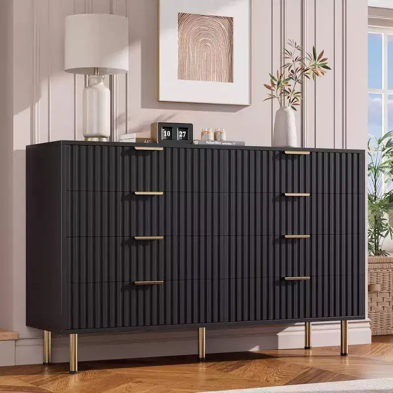 Modern Sideboard with Fluted 8 Deep Drawers & Metal Legs, Wooden Dresser Organizer, Side Table for Bedroom Living Room Hallway Kids Room