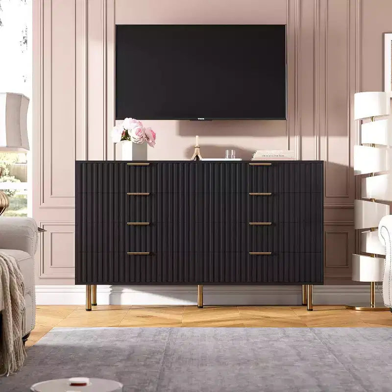 Modern Sideboard with Fluted 8 Deep Drawers & Metal Legs, Wooden Dresser Organizer, Side Table for Bedroom Living Room Hallway Kids Room