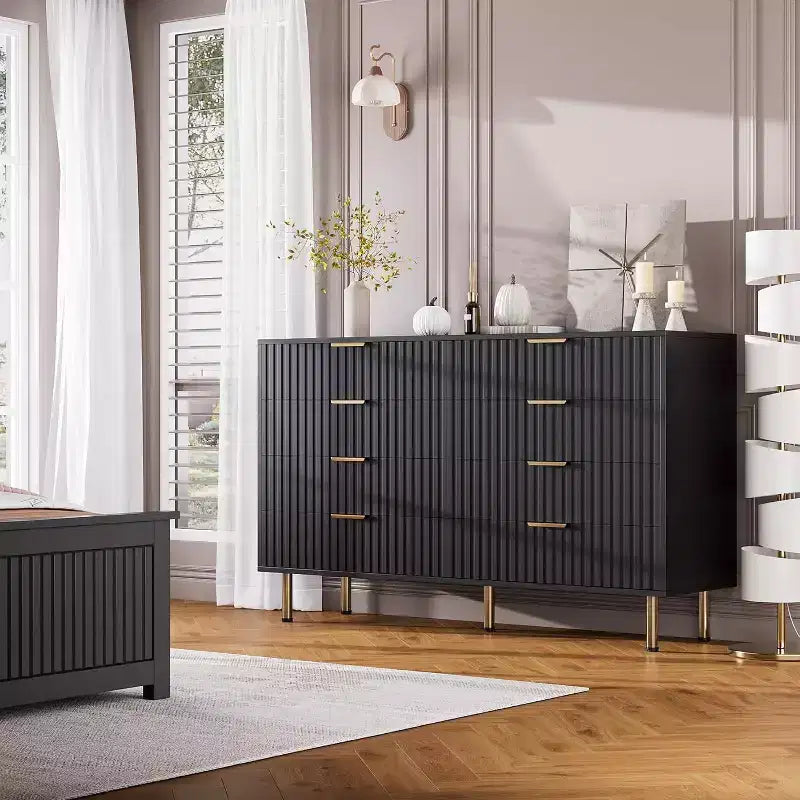 Modern Sideboard with Fluted 8 Deep Drawers & Metal Legs, Wooden Dresser Organizer, Side Table for Bedroom Living Room Hallway Kids Room