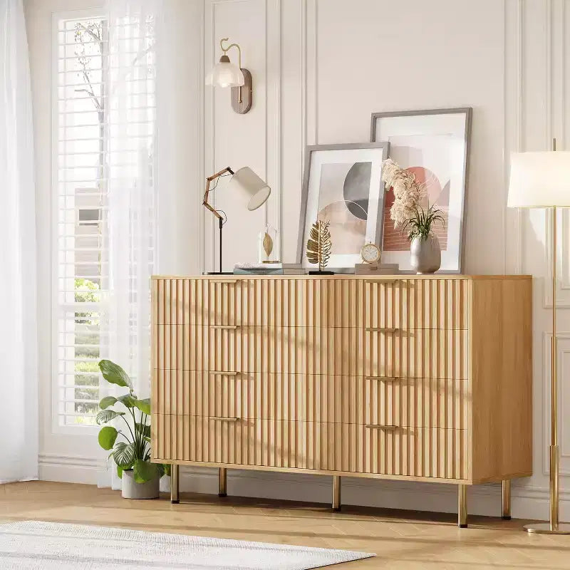 Modern Sideboard with Fluted 8 Deep Drawers & Metal Legs, Wooden Dresser Organizer, Side Table for Bedroom Living Room Hallway Kids Room