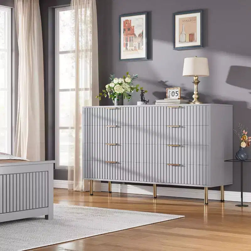 Modern Sideboard with Fluted 8 Deep Drawers & Metal Legs, Wooden Dresser Organizer, Side Table for Bedroom Living Room Hallway Kids Room