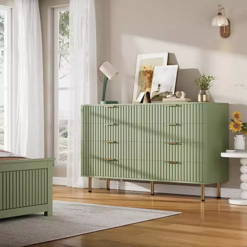 Modern Sideboard with Fluted 8 Deep Drawers & Metal Legs, Wooden Dresser Organizer, Side Table for Bedroom Living Room Hallway Kids Room