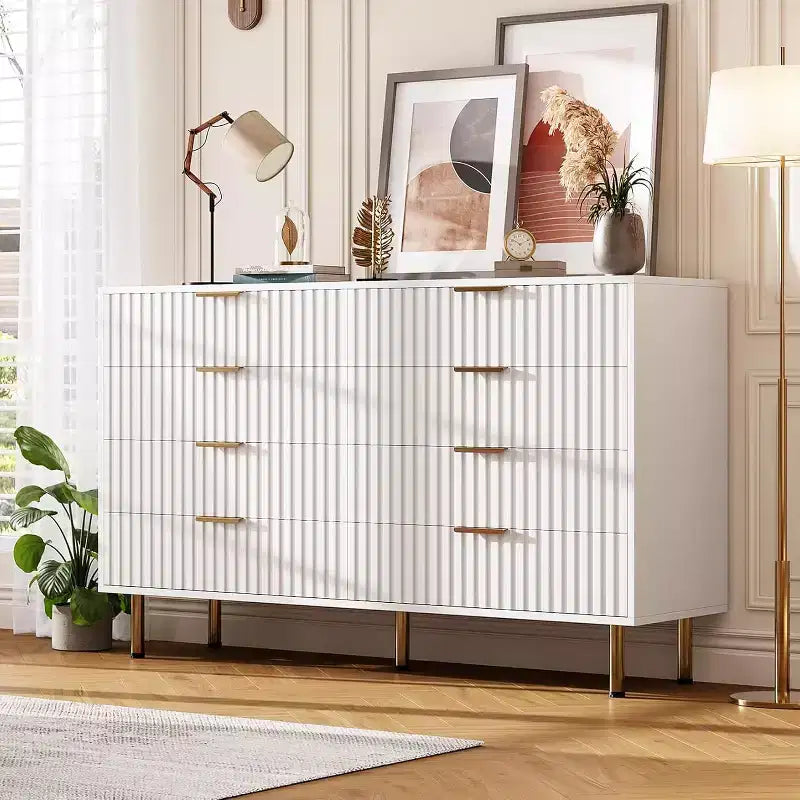 Modern Sideboard with Fluted 8 Deep Drawers & Metal Legs, Wooden Dresser Organizer, Side Table for Bedroom Living Room Hallway Kids Room