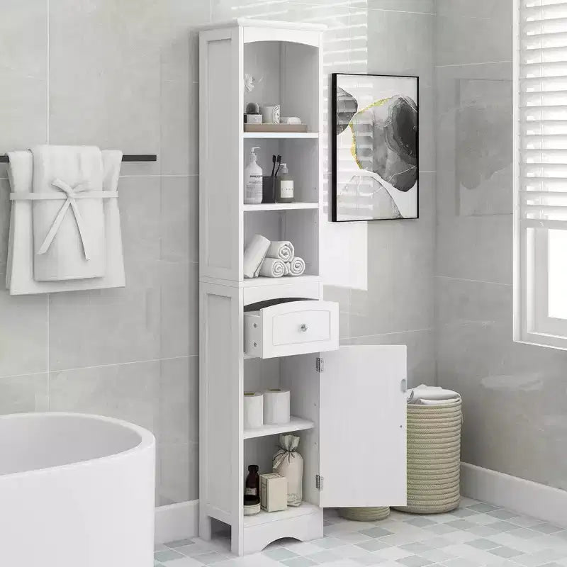 MAYEERTY Tall Bathroom Cabinet Freestanding Storage Drawer MDF Adjustable Shelf White
