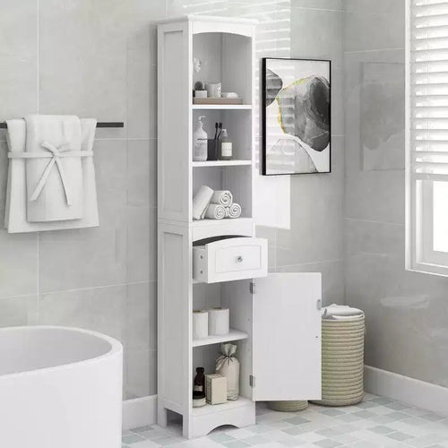 MAYEERTY Tall Bathroom Cabinet Freestanding Storage Drawer MDF Adjustable Shelf White